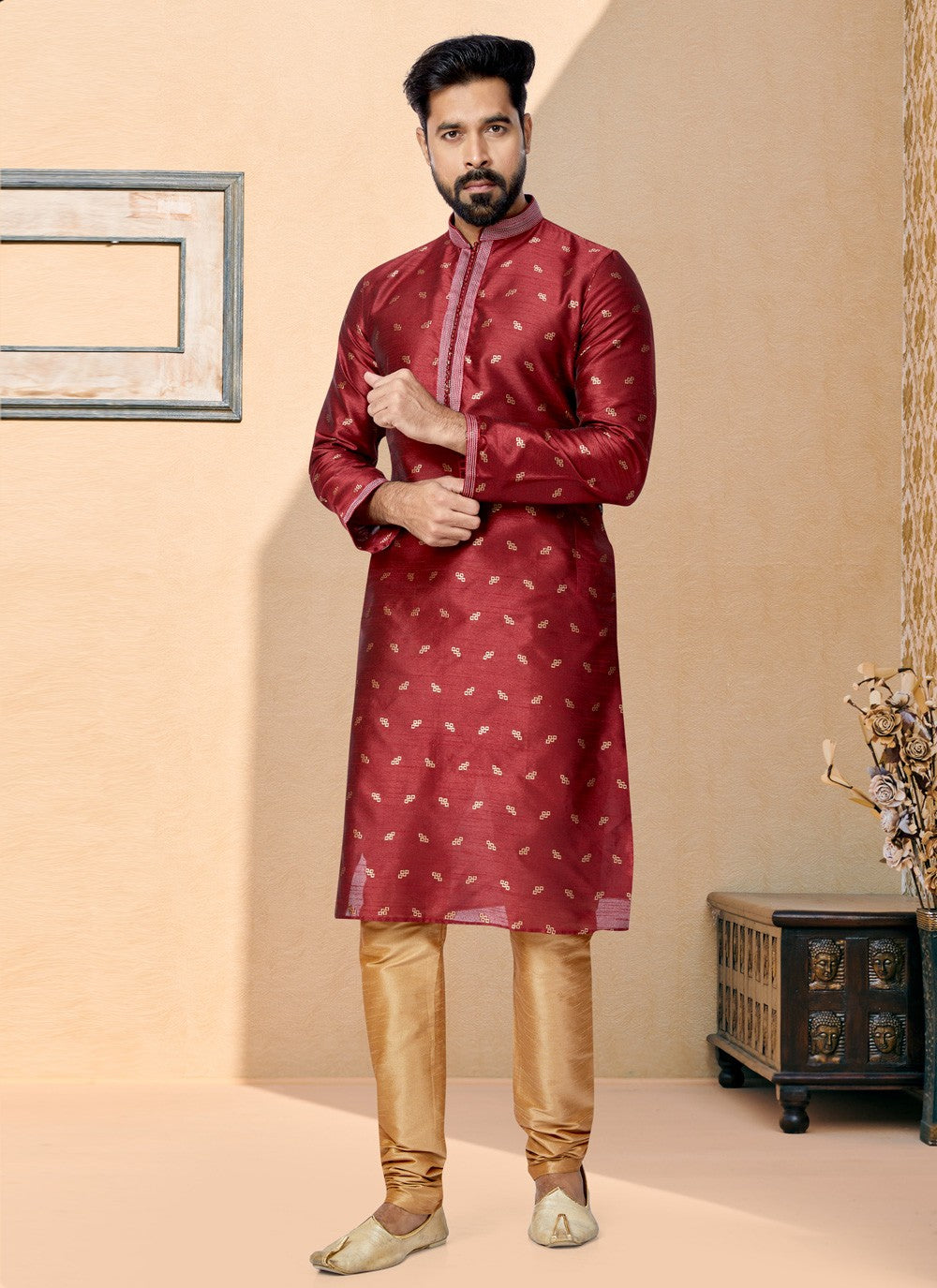 Jacquard Work Banarasi Silk, Jacquard Maroon Kurta Pyjama - M4950