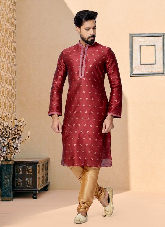 Jacquard Work Banarasi Silk, Jacquard Maroon Kurta Pyjama - M4950