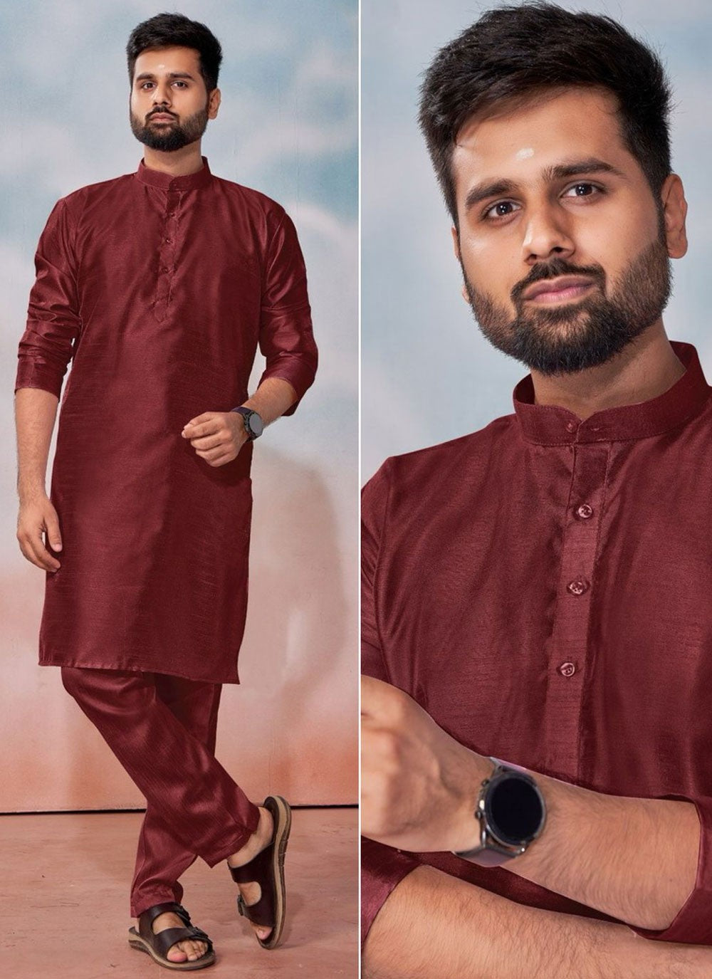 Plain Banglori Silk Maroon Kurta Pyjama - M8236