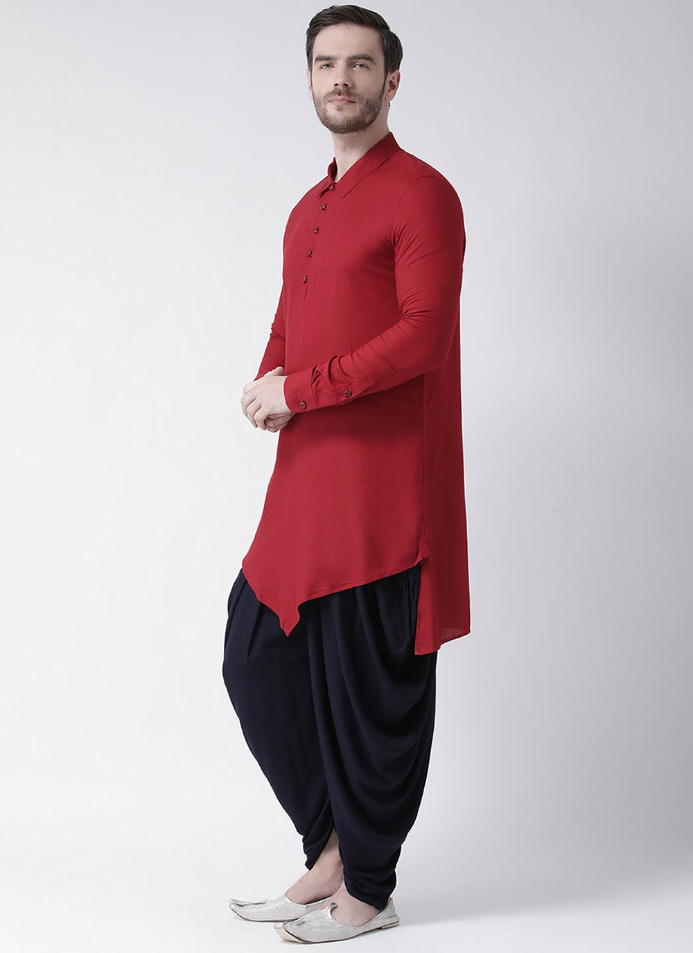 Plain Blended Cotton Maroon Dhoti Kurta - M1972