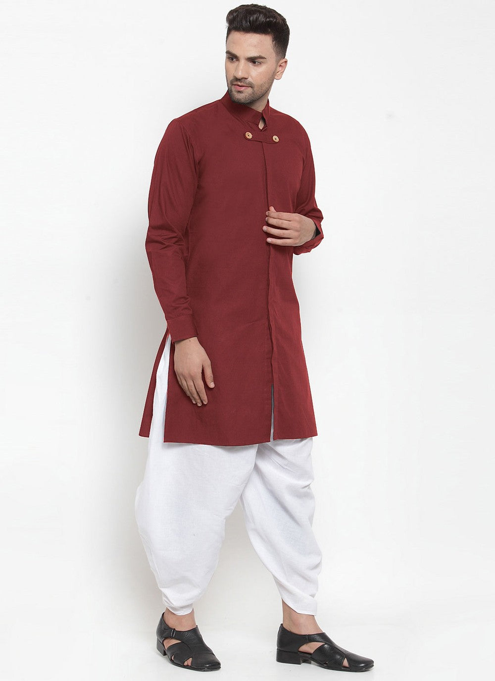 Plain Blended Cotton Maroon Dhoti Kurta - M4394