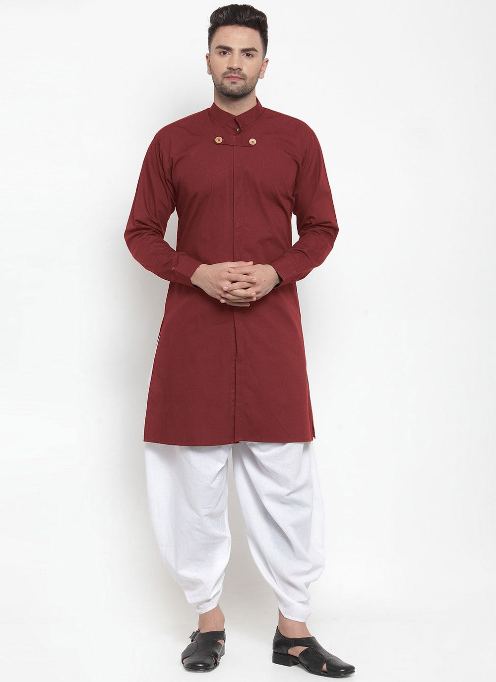 Plain Blended Cotton Maroon Dhoti Kurta - M4394