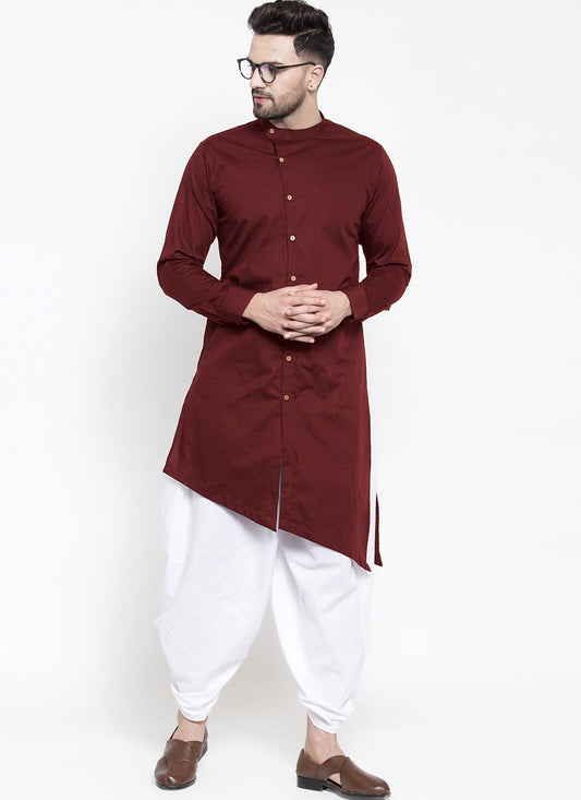 Plain Blended Cotton Maroon Dhoti Kurta - M4476