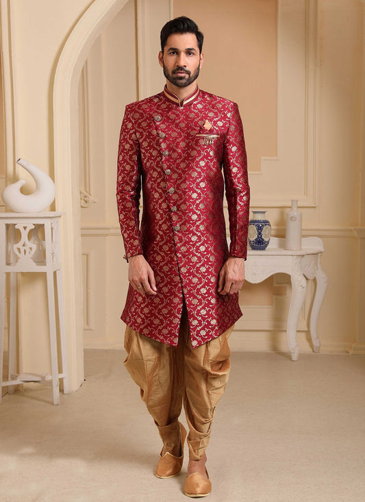 Jacquard Work Brocade, Jacquard Silk Maroon Indo Western - M2535