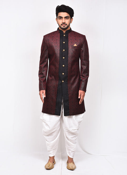 Buttons Velvet Maroon Indo Western Sherwani - M3277