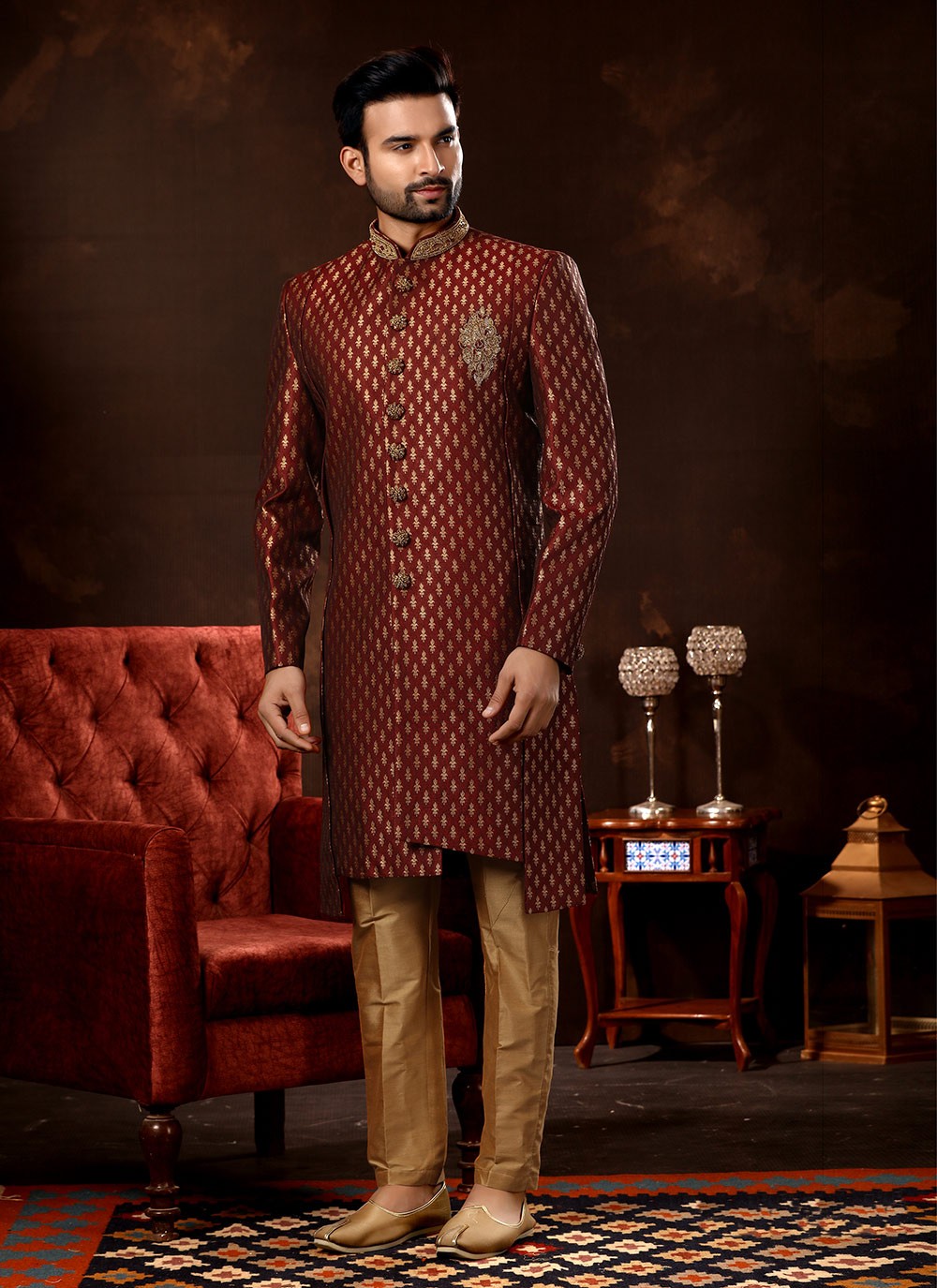 Jacquard Work Fancy Fabric Maroon Sherwani - M3072