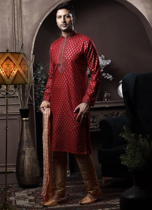 Printed Cotton Maroon Kurta Pyjama - M3616