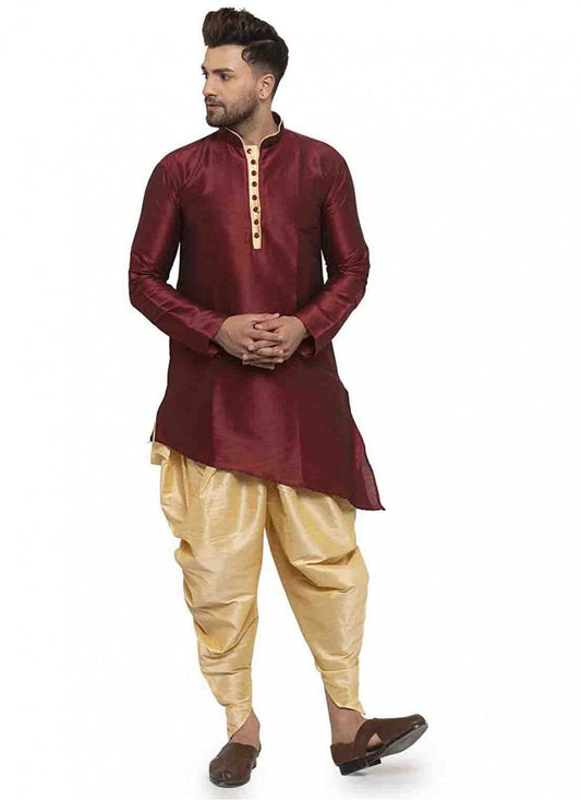 Plain Art Dupion Silk Maroon Dhoti Kurta - M1552