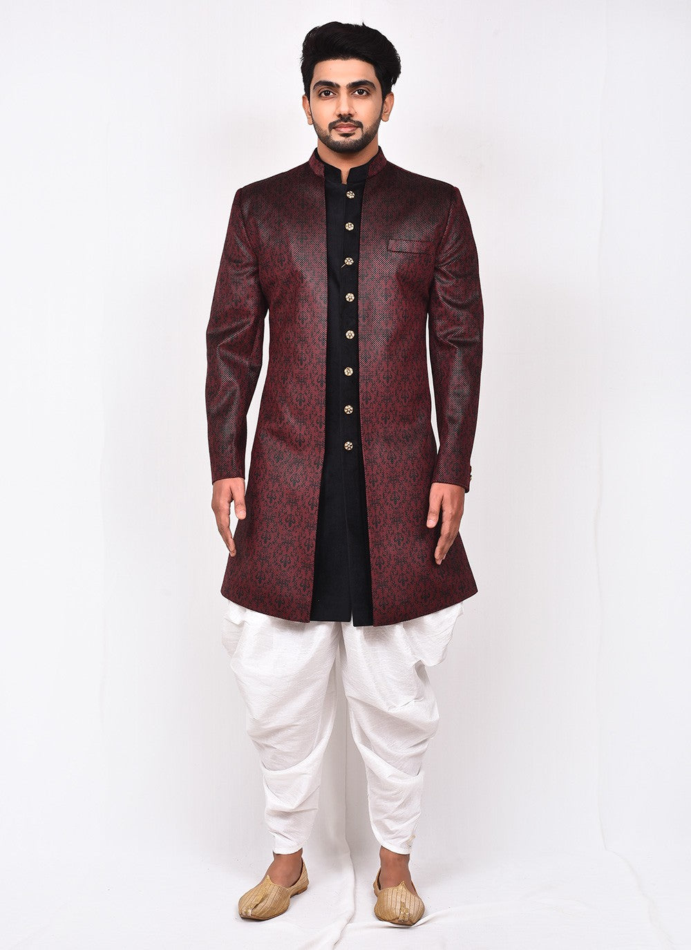 Buttons Velvet Maroon Indo Western Sherwani - M3281