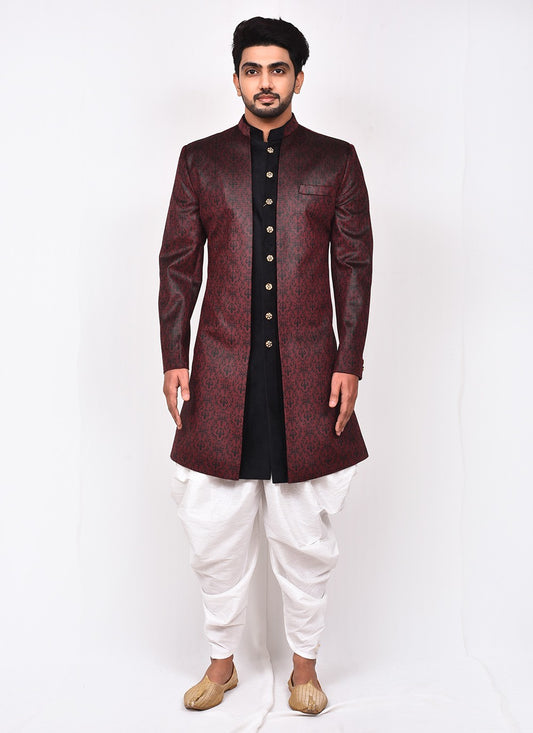 Buttons Velvet Maroon Indo Western Sherwani - M3281