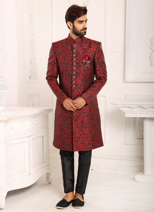 Jacquard Work Imported Maroon Indo Western Sherwani - M4003