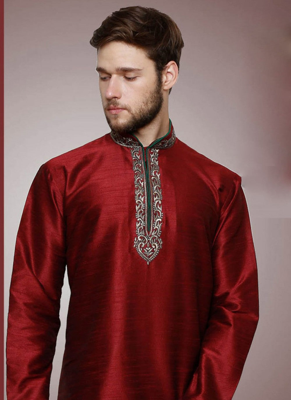 Embroidered Art Dupion Silk Maroon Kurta - M1207