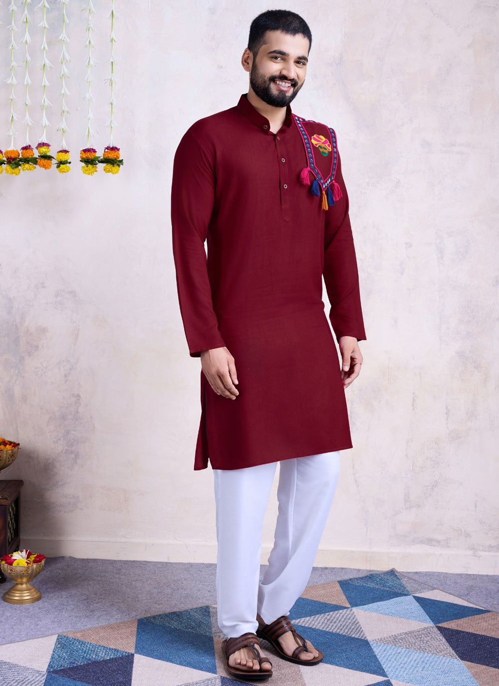 Embroidered Rayon Maroon Kurta - M8594