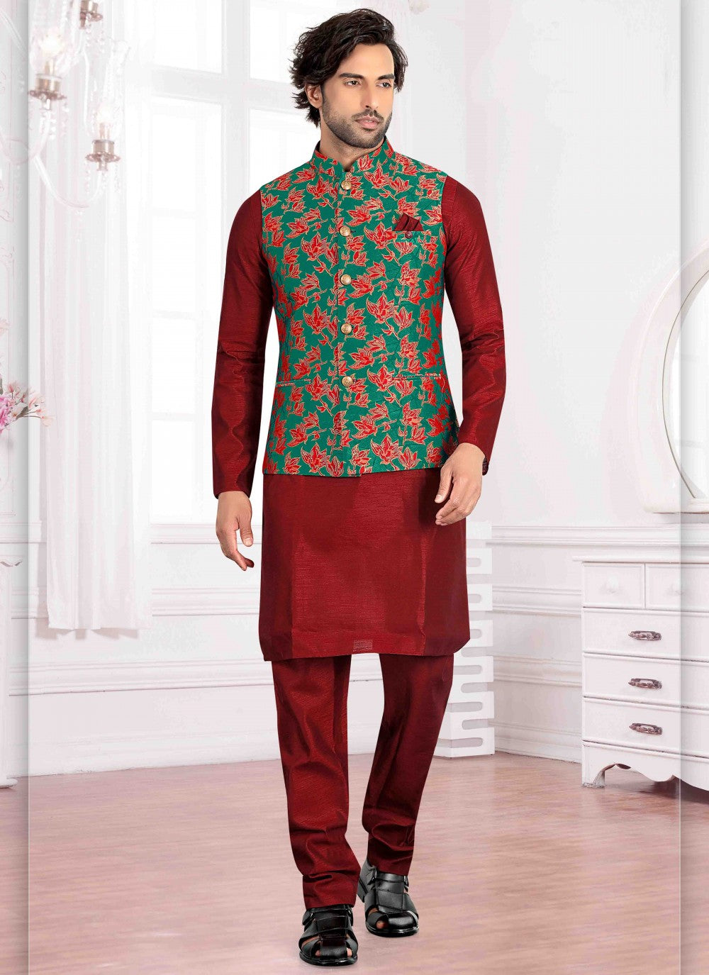 Printed Art Silk Maroon Kurta Payjama With Jacket - M1701