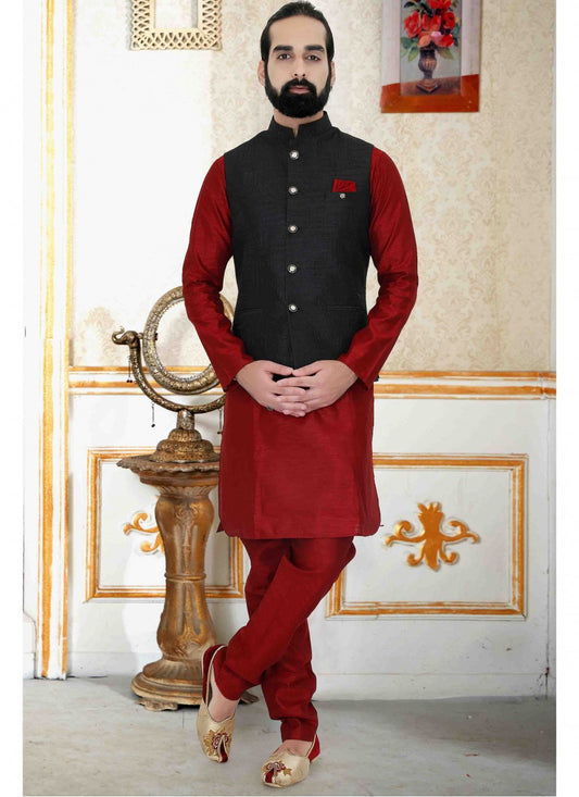 Plain Art Silk Maroon Kurta Payjama With Jacket - M1714