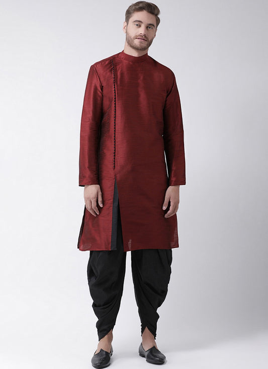 Plain Art Dupion Silk Maroon Kurta Pyjama - M1225