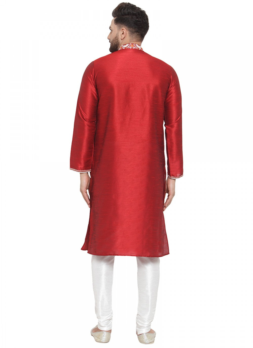 Embroidered Art Dupion Silk Maroon Kurta Pyjama - M1396