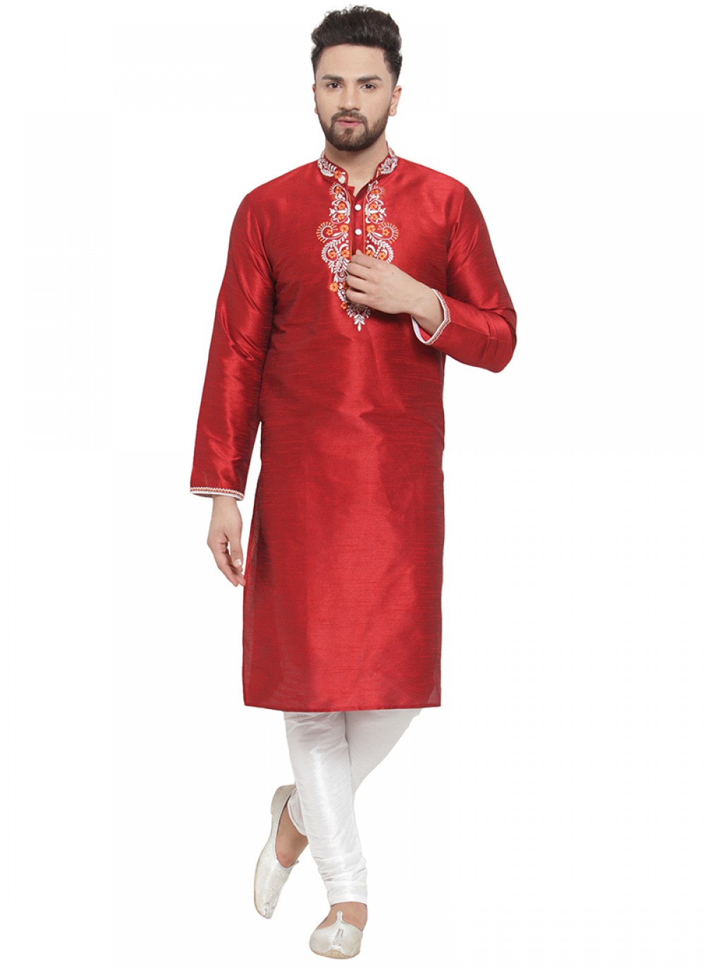 Embroidered Art Dupion Silk Maroon Kurta Pyjama - M1396