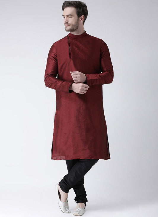 Plain Art Dupion Silk Maroon Kurta Pyjama - M1440