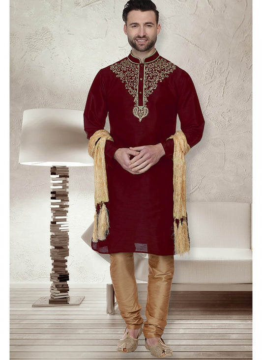 Embroidered Art Dupion Silk Maroon Kurta Pyjama - M1505