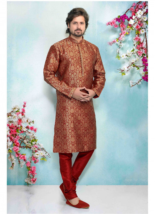 Printed Brocade, Jacquard Maroon Kurta Pyjama - M1670