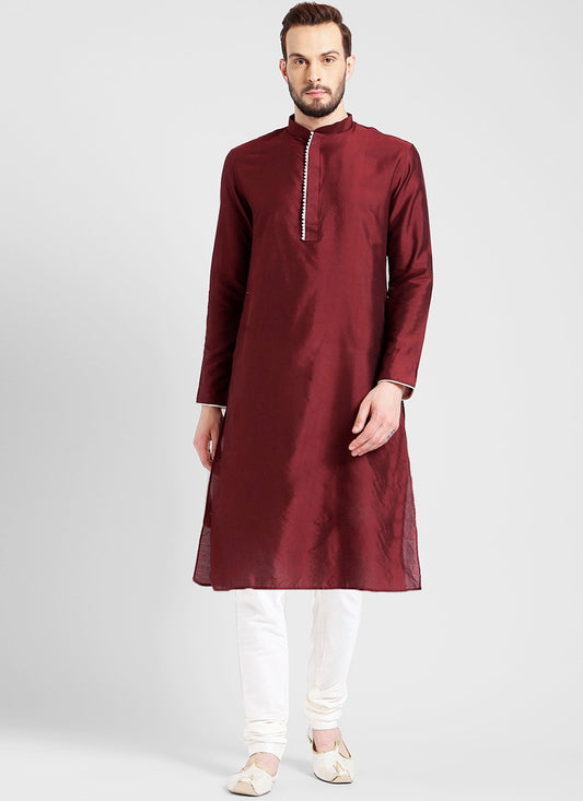 Plain Blended Cotton Maroon Kurta Pyjama - M2447