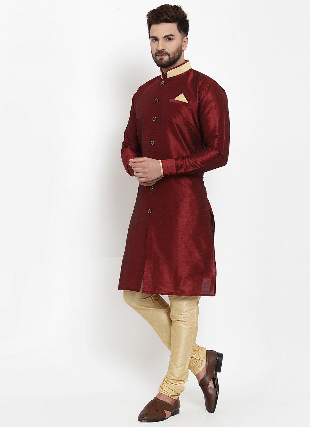 Plain Banarasi Silk Maroon Kurta Pyjama - M2458