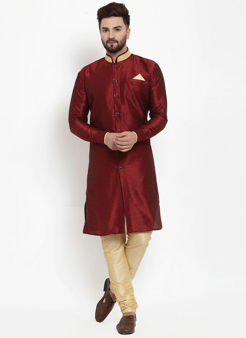 Plain Banarasi Silk Maroon Kurta Pyjama - M2458