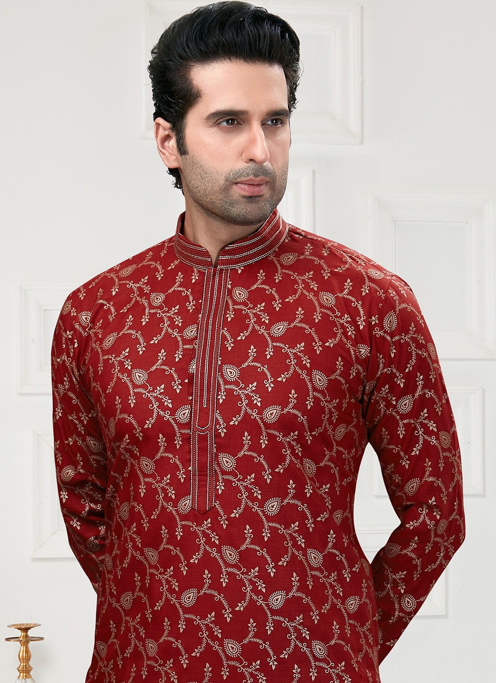 Printed Cotton Maroon Kurta Pyjama - M3146