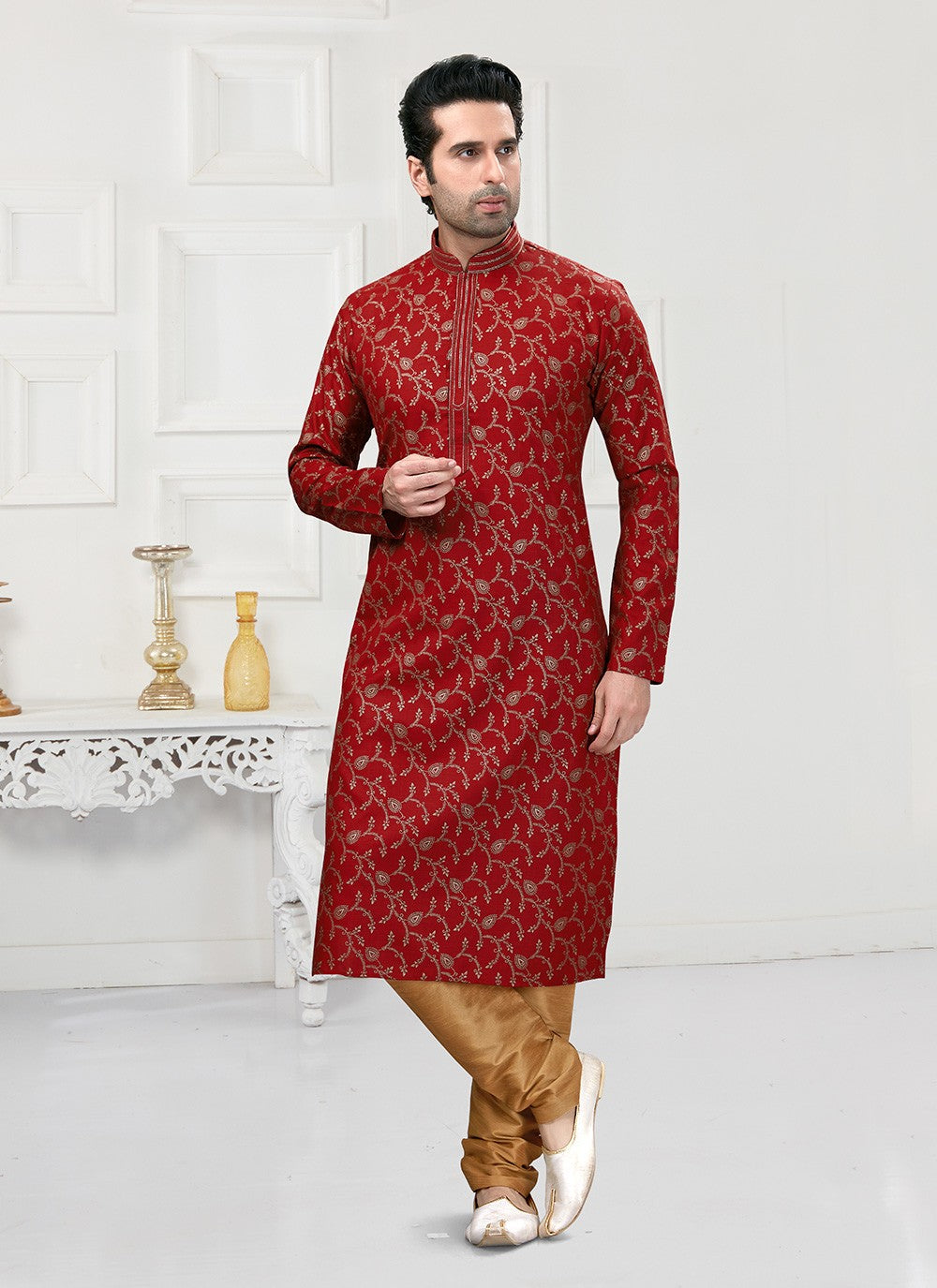 Printed Cotton Maroon Kurta Pyjama - M3146