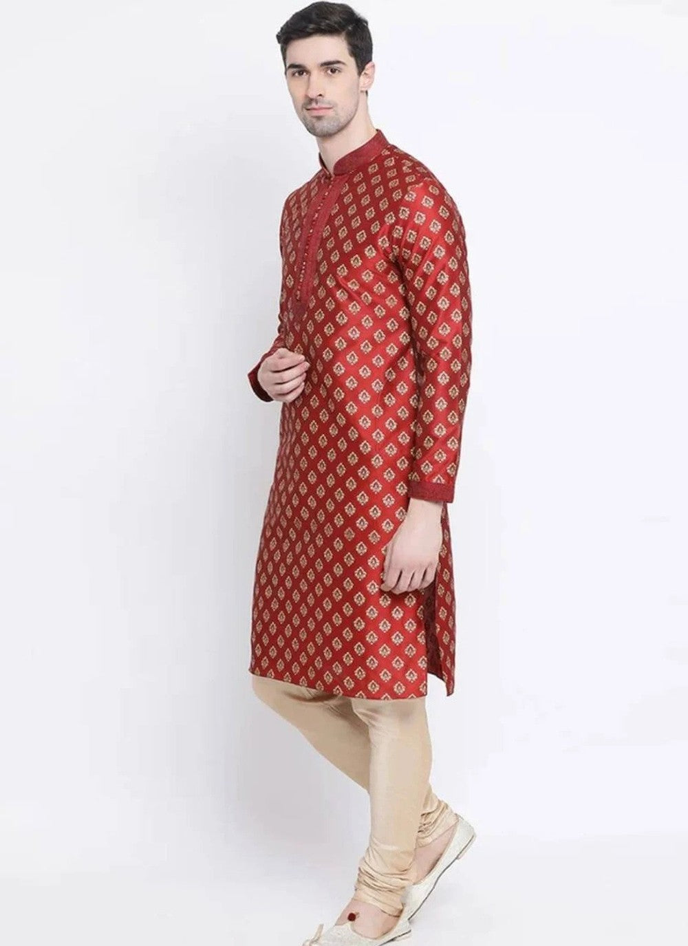 Printed Art Dupion Silk Maroon Kurta Pyjama - M4201