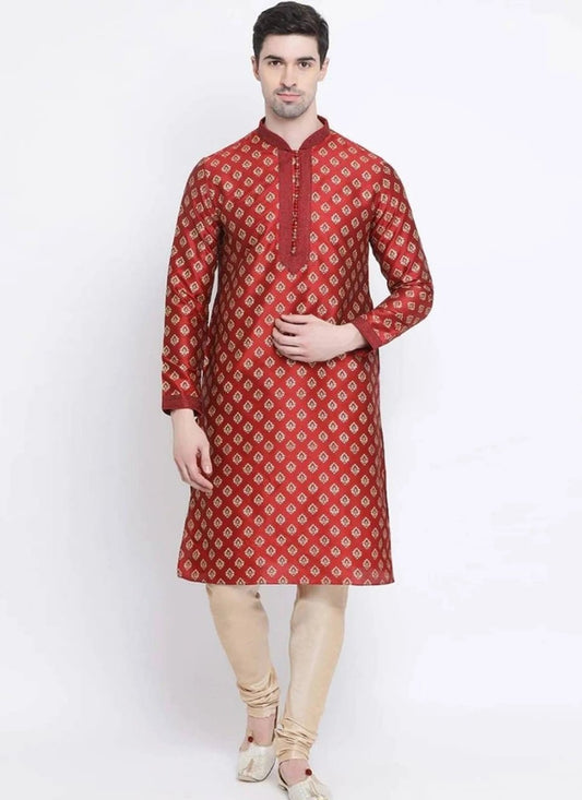 Printed Art Dupion Silk Maroon Kurta Pyjama - M4201