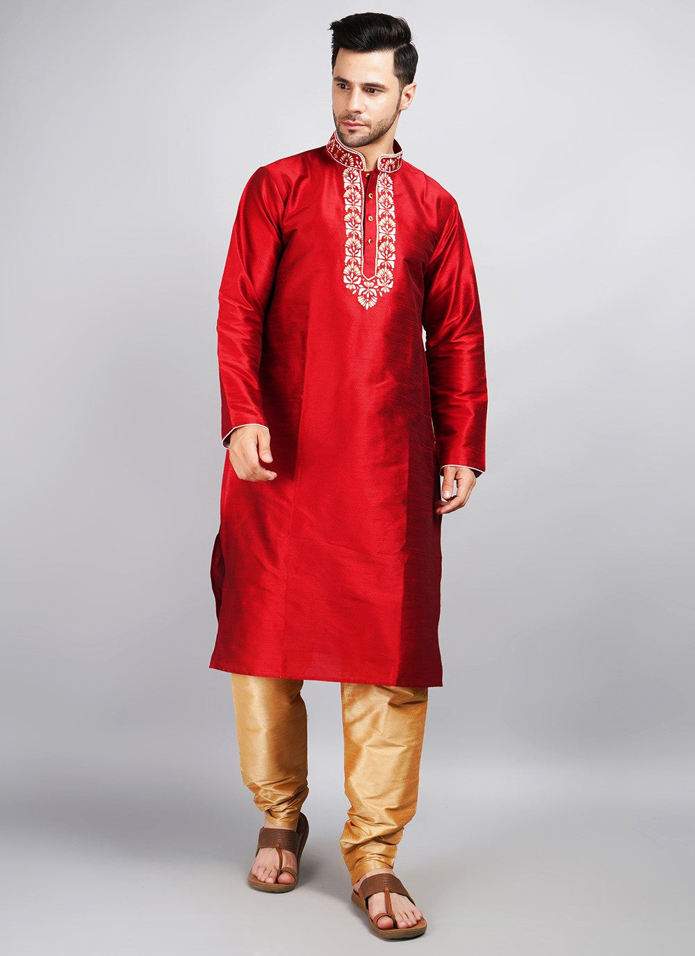 Machine Embroidery Dupion Silk Maroon Kurta Pyjama - M5692