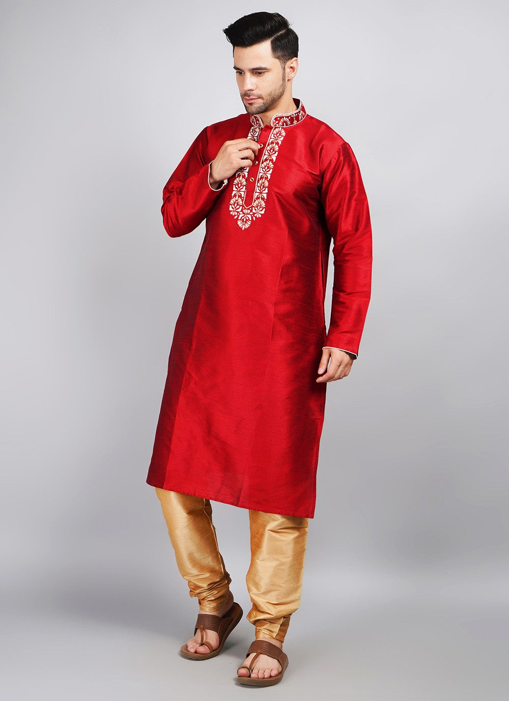 Machine Embroidery Dupion Silk Maroon Kurta Pyjama - M5692