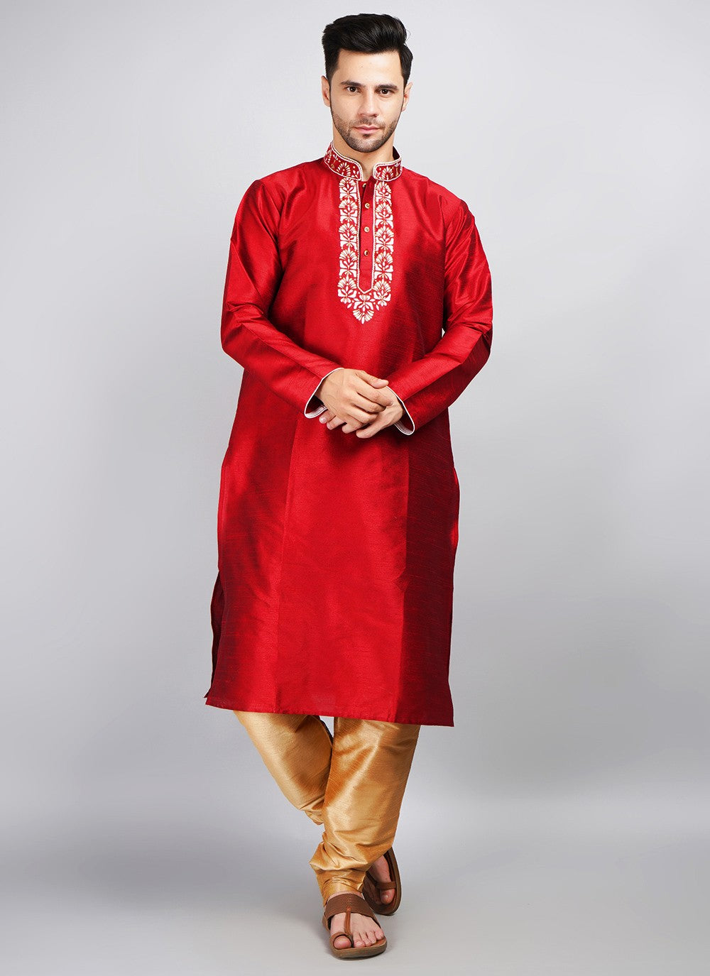 Machine Embroidery Dupion Silk Maroon Kurta Pyjama - M5692