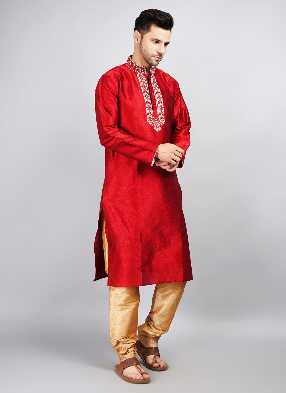 Machine Embroidery Dupion Silk Maroon Kurta Pyjama - M5692