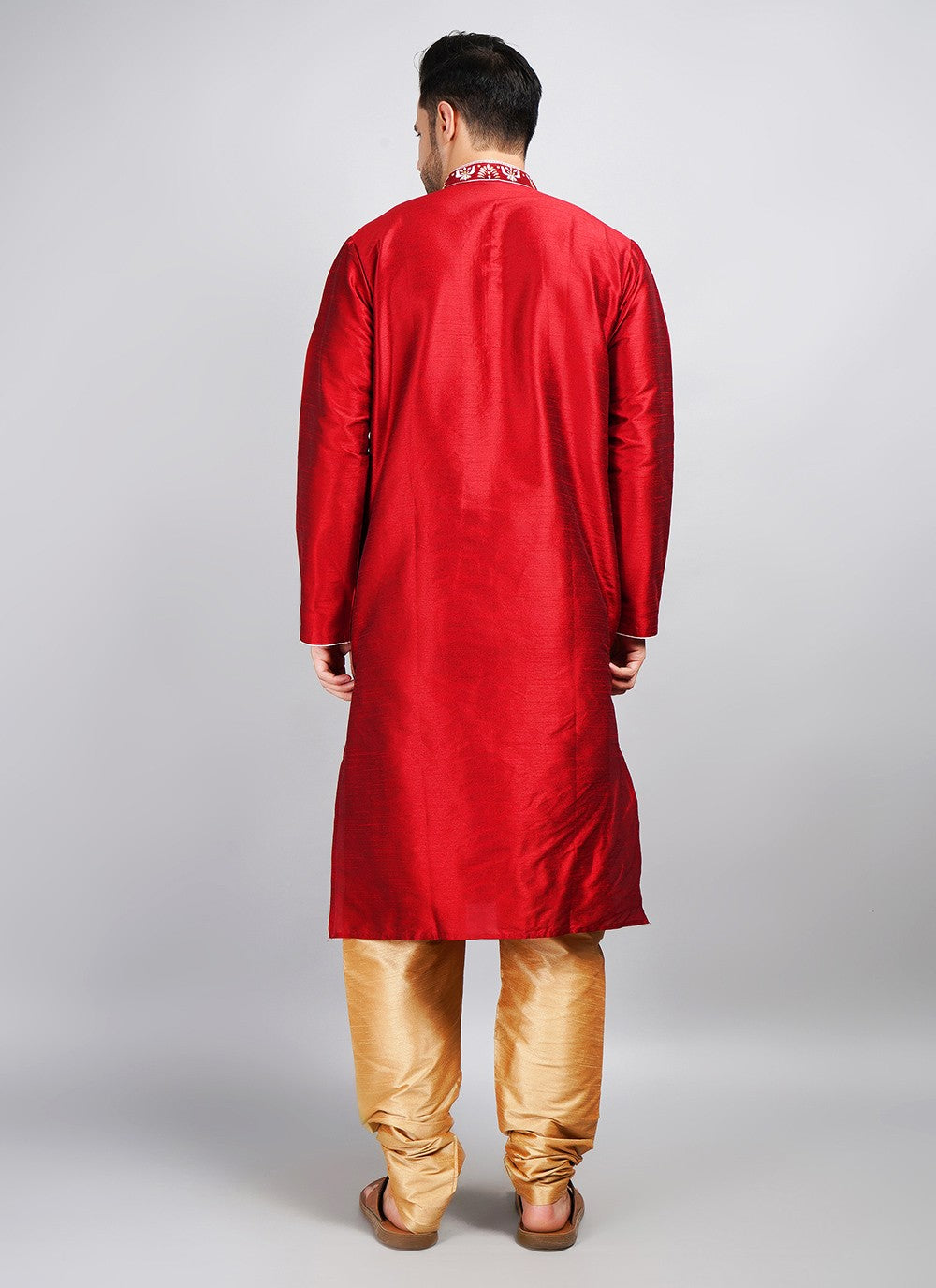 Machine Embroidery Dupion Silk Maroon Kurta Pyjama - M5692