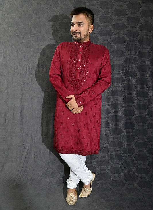 Embroidered Silk Maroon Kurta Pyjama - M6199