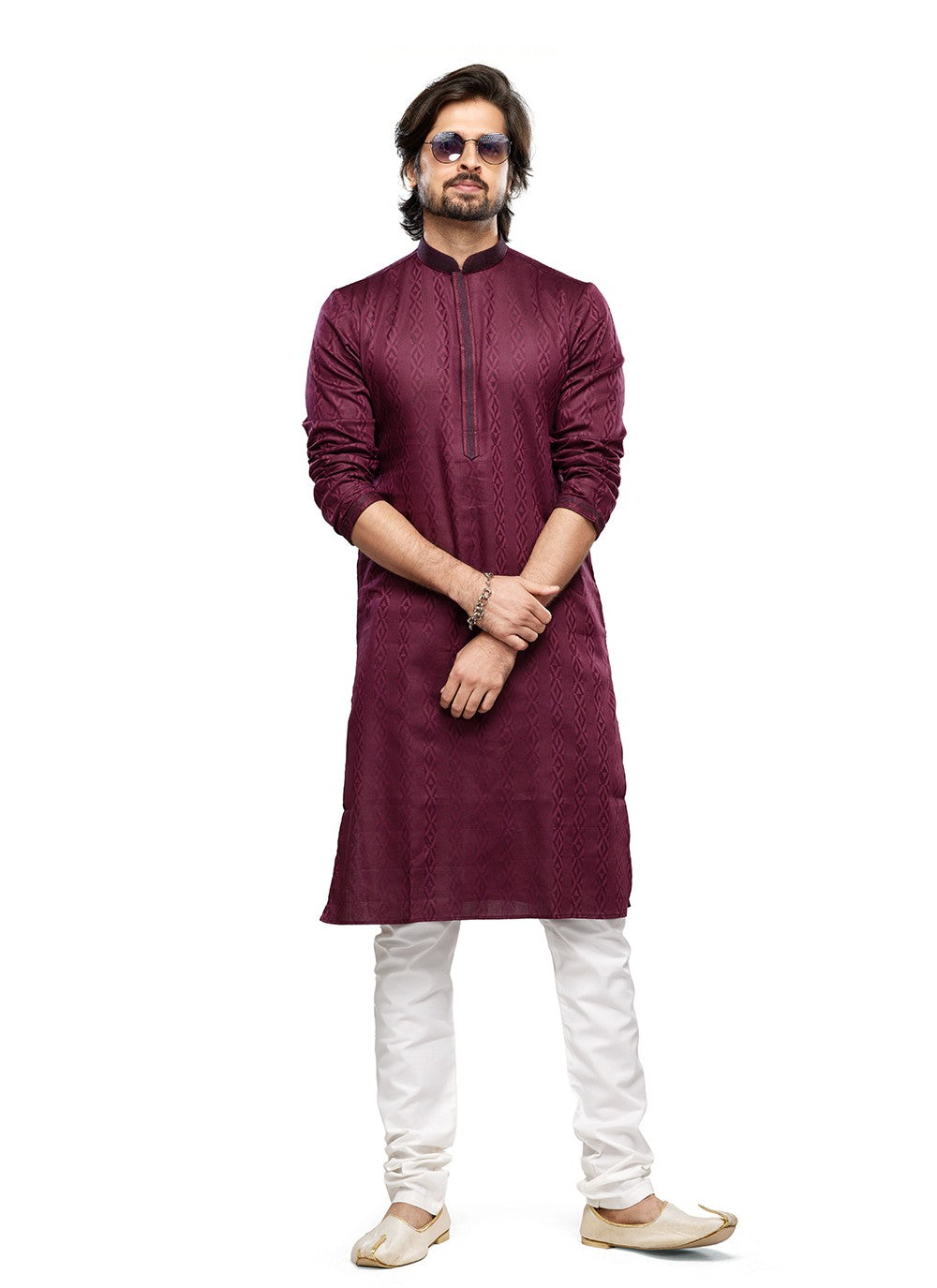 Digital Print Art Silk Maroon Kurta Pyjama - M6744