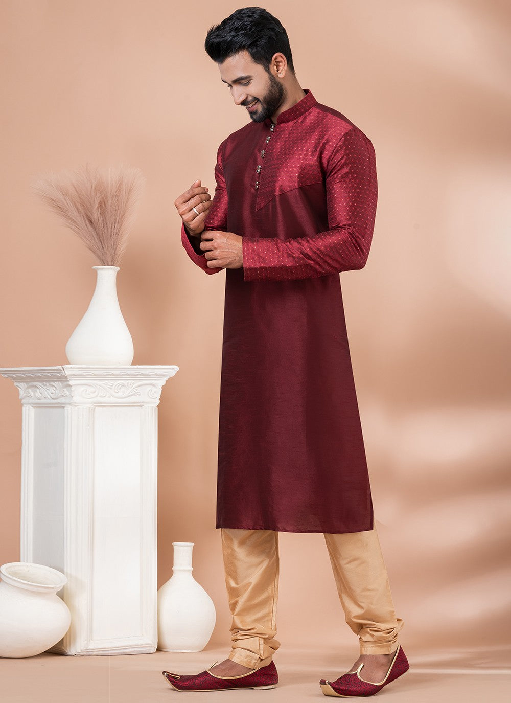 Fancy Work Jacquard, Viscose Maroon Kurta Pyjama - M6962