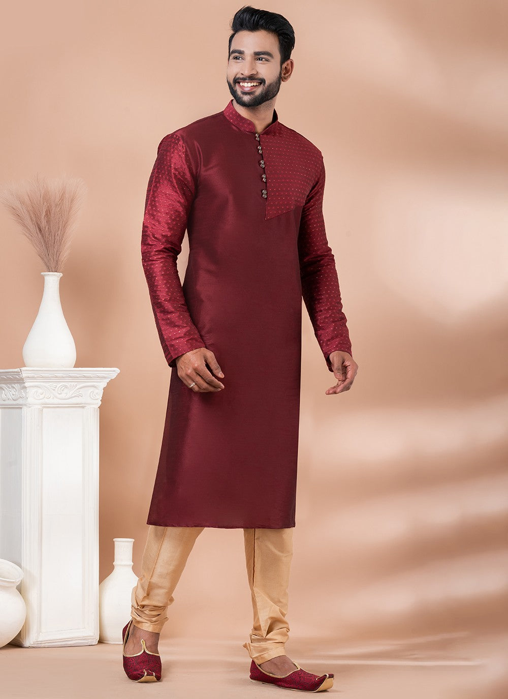 Fancy Work Jacquard, Viscose Maroon Kurta Pyjama - M6962