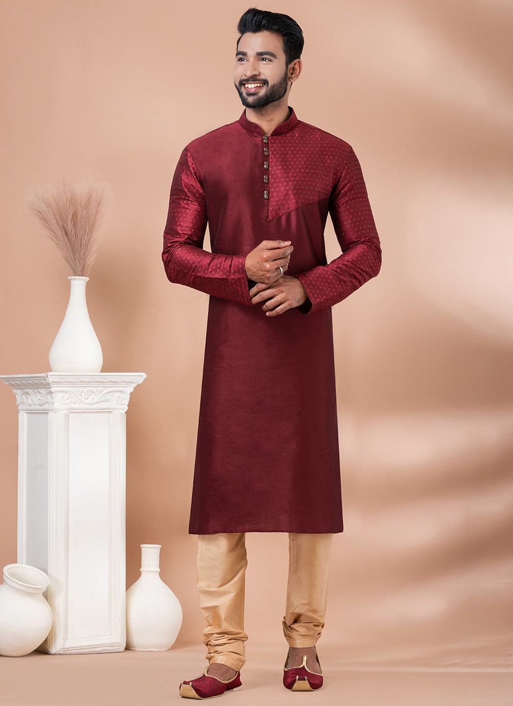 Fancy Work Jacquard, Viscose Maroon Kurta Pyjama - M6962