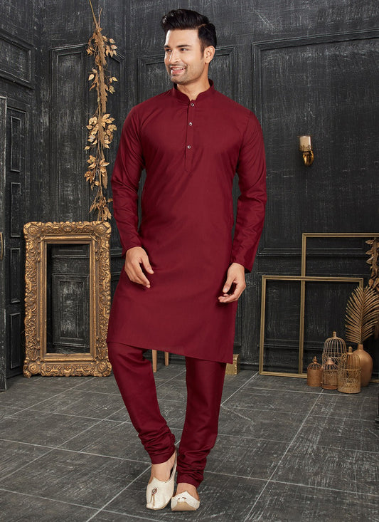 Plain Cotton Maroon Kurta Pyjama - M4356