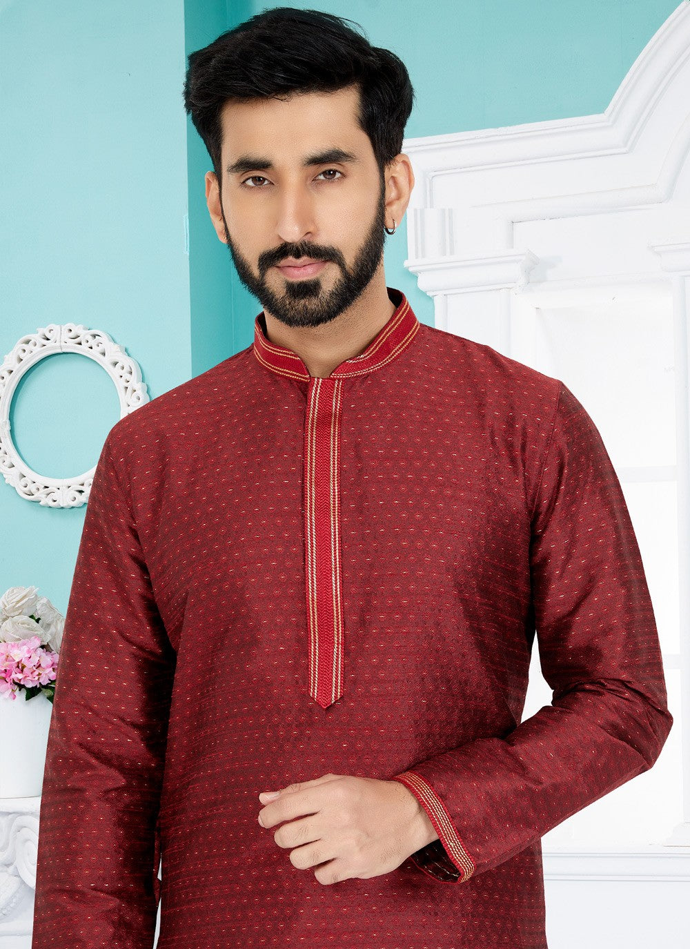 Jacquard Work Cotton , Jacquard Maroon Kurta Pyjama - M4943