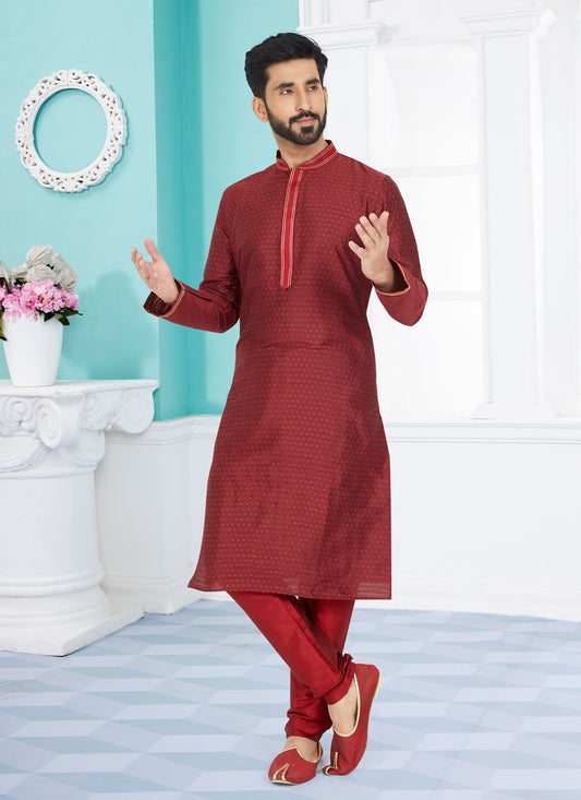 Jacquard Work Cotton , Jacquard Maroon Kurta Pyjama - M4943