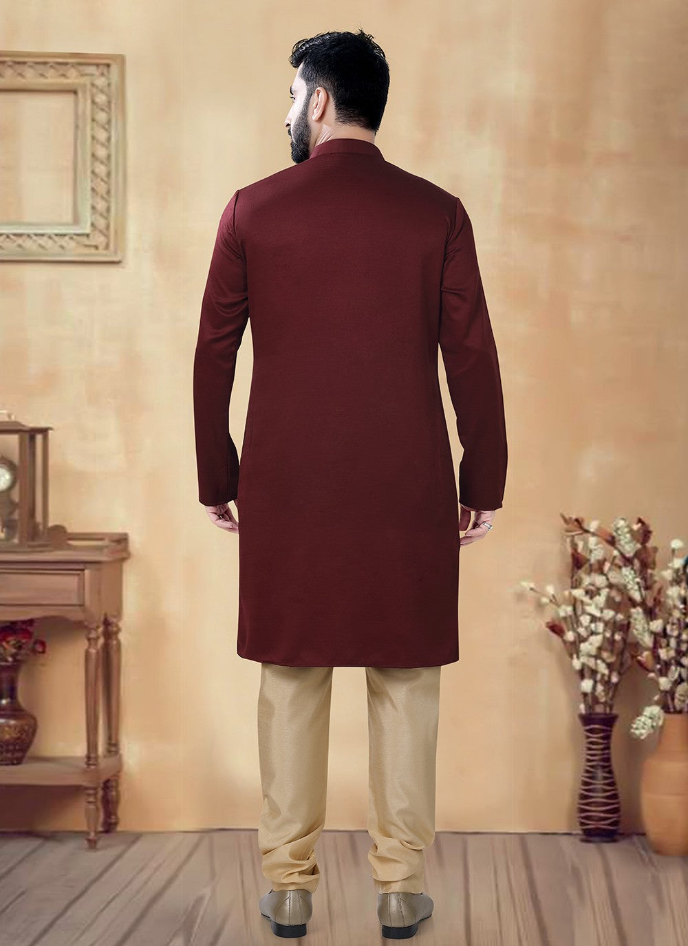 Plain Cotton Maroon Kurta Pyjama - M8469