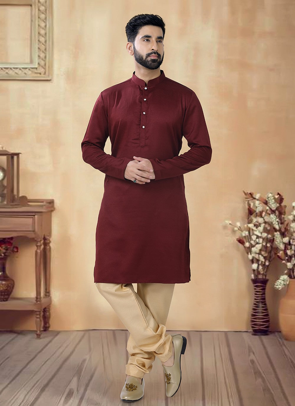 Plain Cotton Maroon Kurta Pyjama - M8469