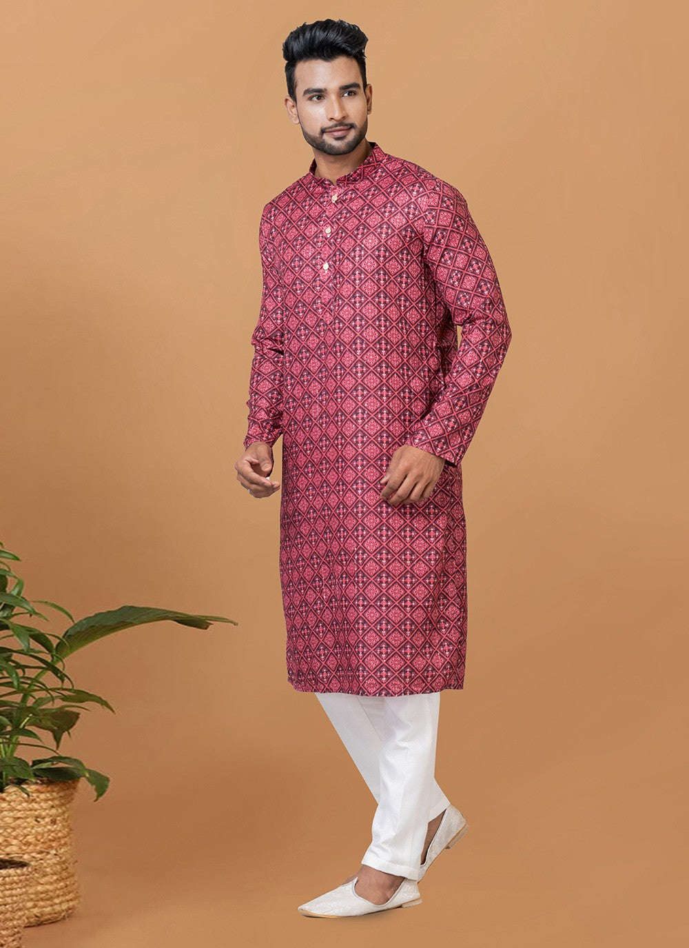 Digital Print Cotton Maroon Kurta Pyjama - M5910