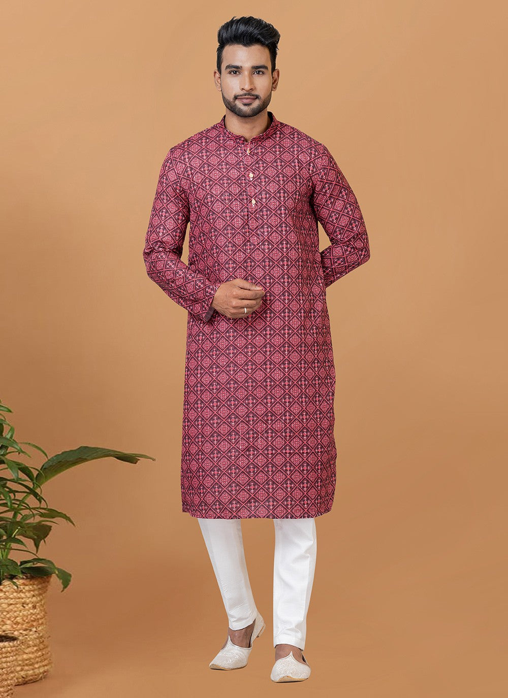 Digital Print Cotton Maroon Kurta Pyjama - M5910