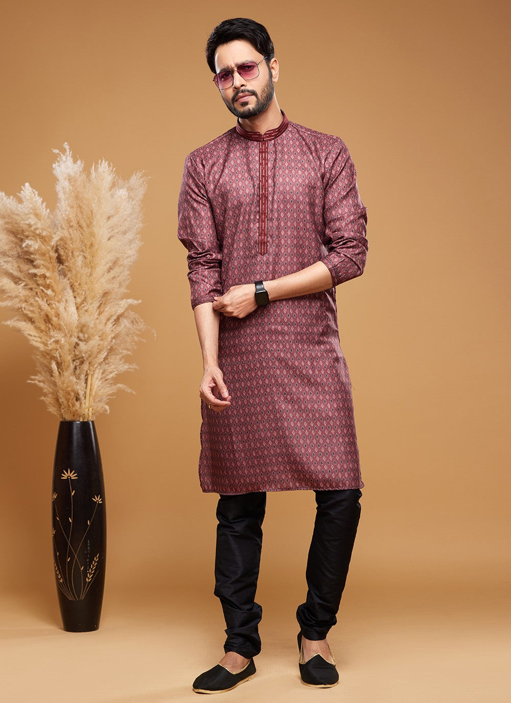 Digital Print Art Silk Maroon Kurta Pyjama - M6025